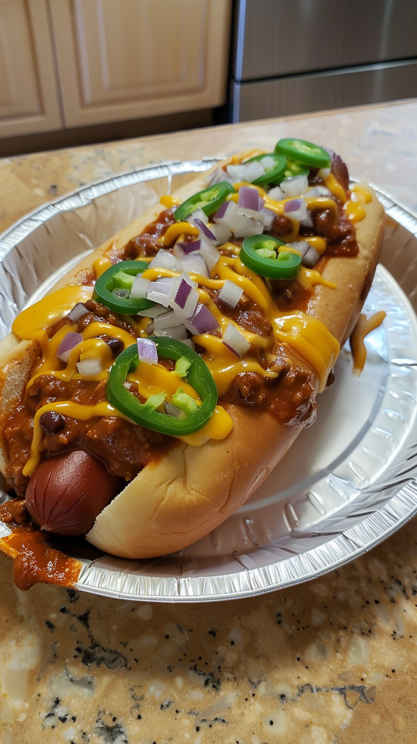 Photo of a Bacon Wrapped Chili Cheese Grilled Hot Dogs