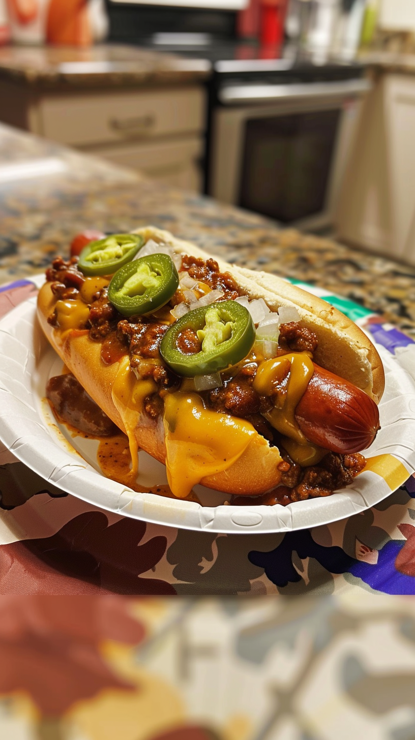 Photo of a Bacon Wrapped Chili Cheese Grilled Hot Dogs being grilled