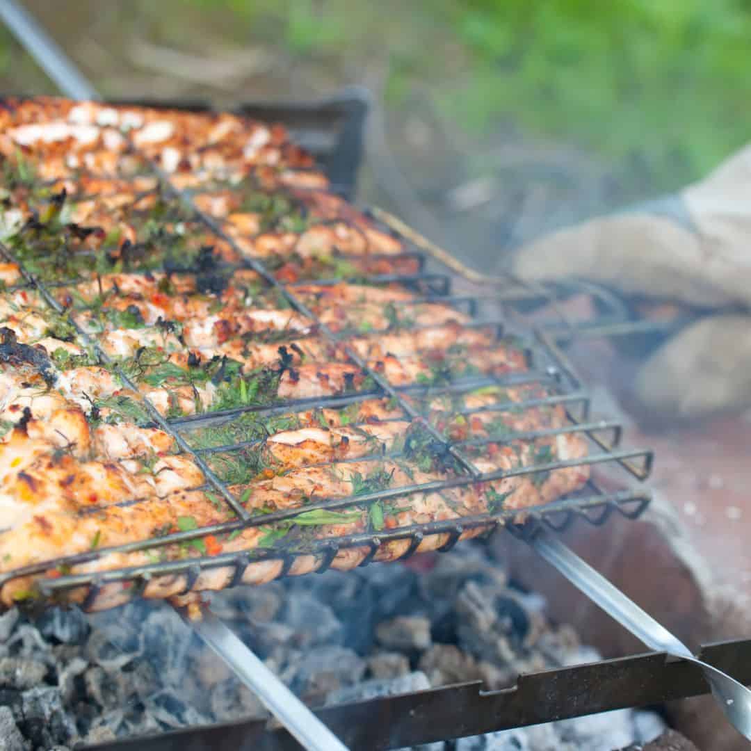 Grilled salmon over a campfire