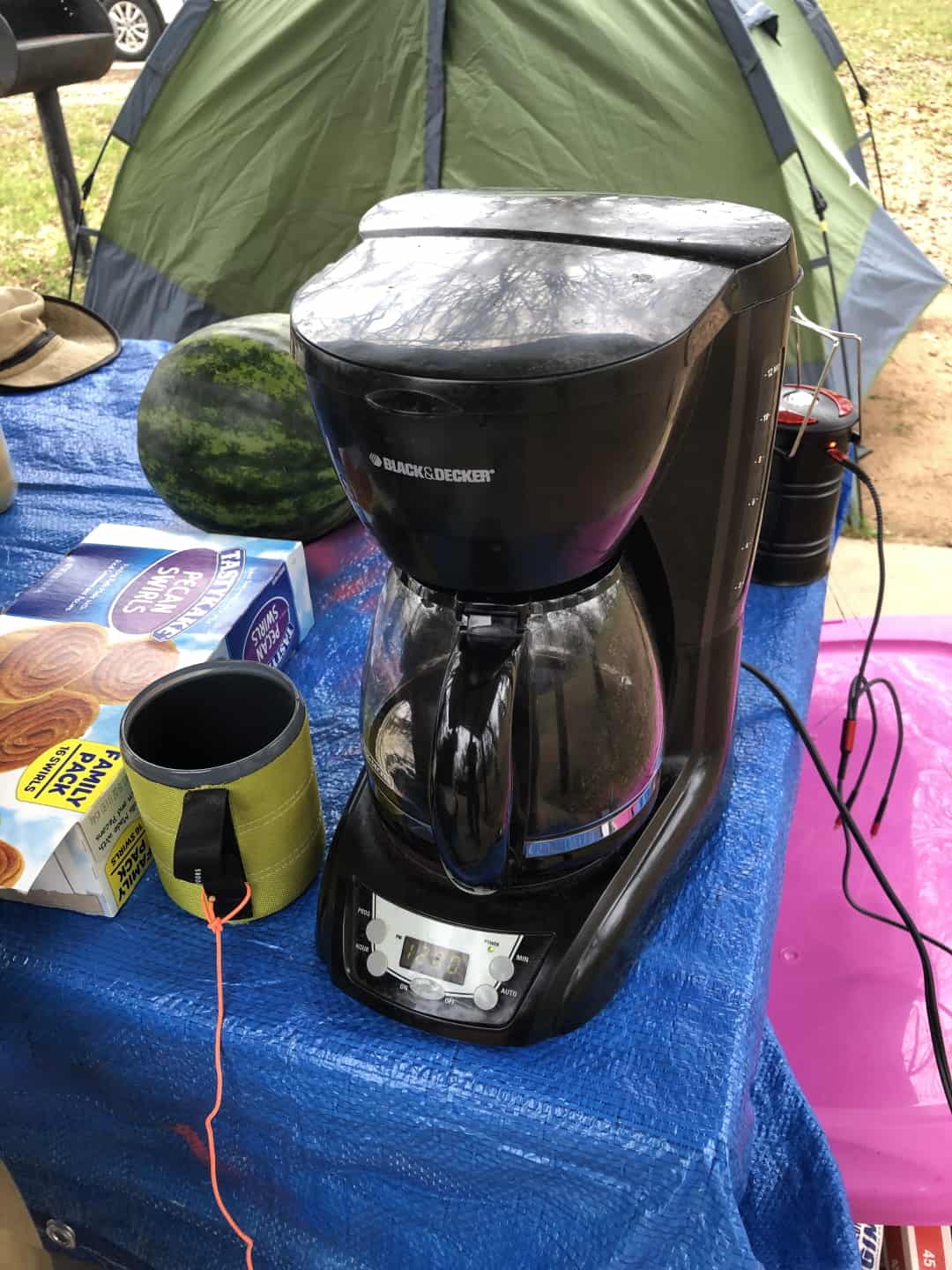 Electric drip coffee maker at a campsite that had electricity