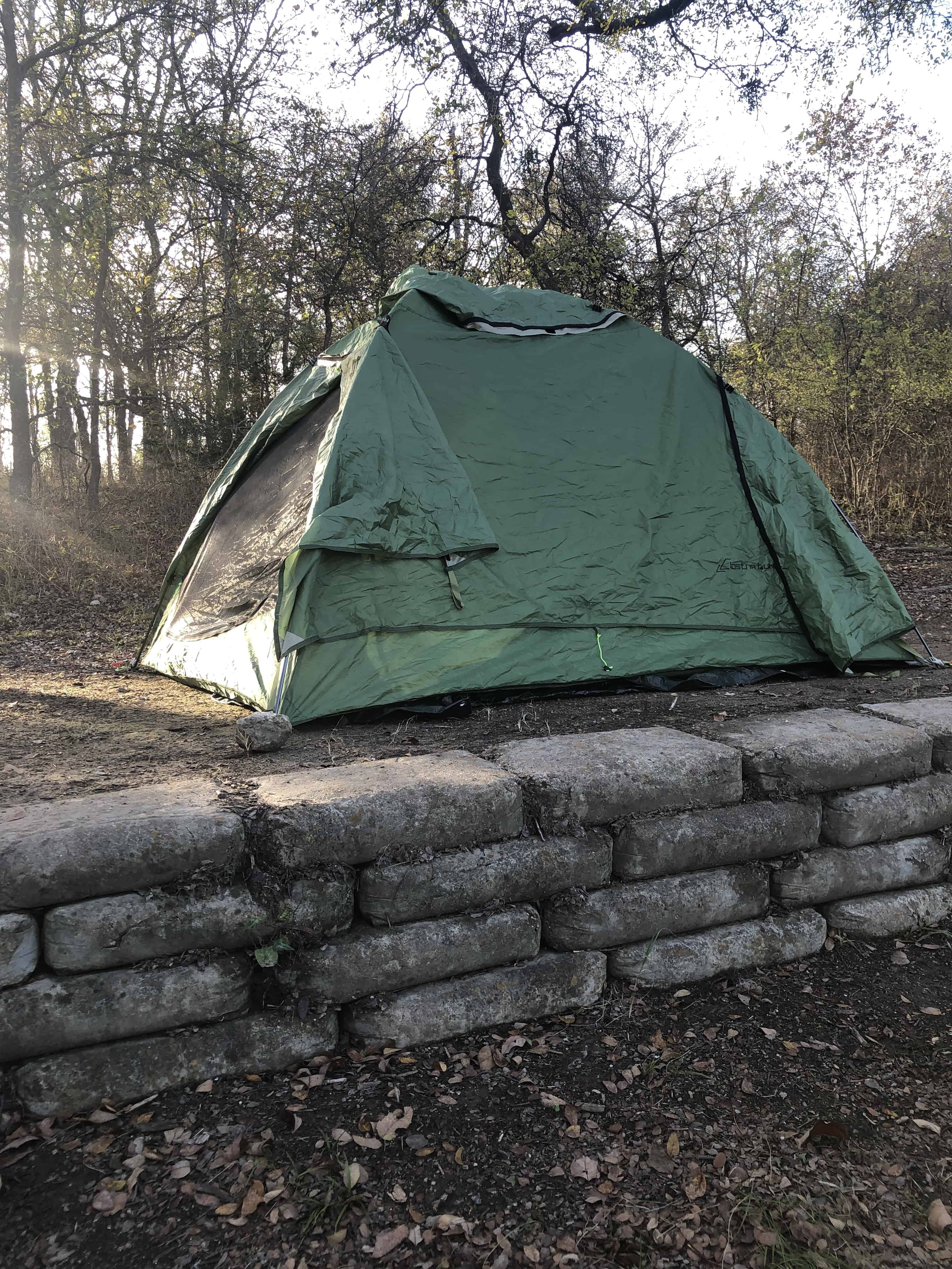 A car camping tent on a footprint at a state park campsite