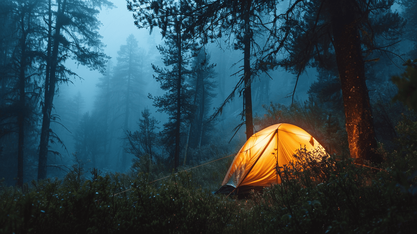 a dome tent in the rain in a forest at night