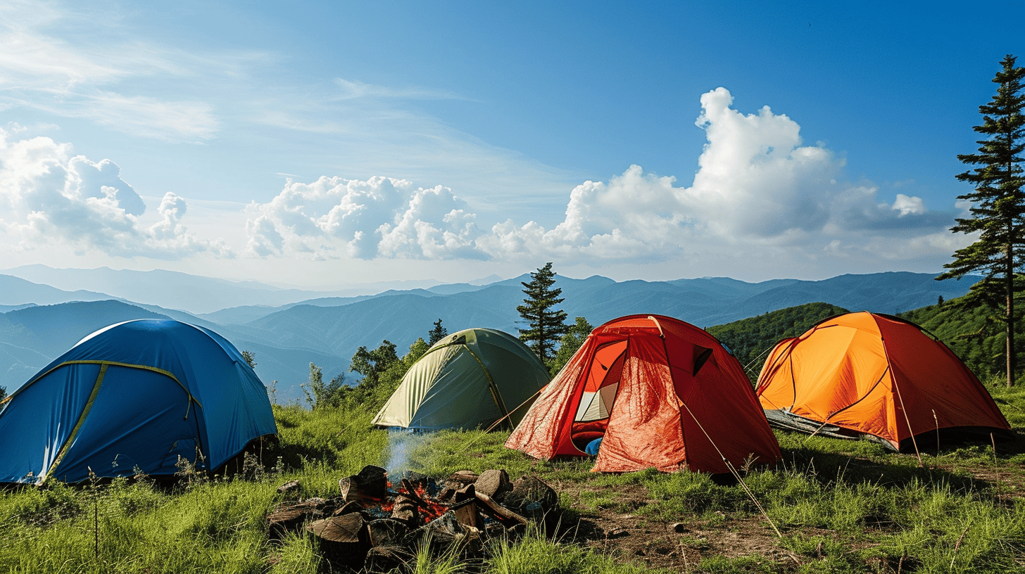 a collection of dome tents at a campsite