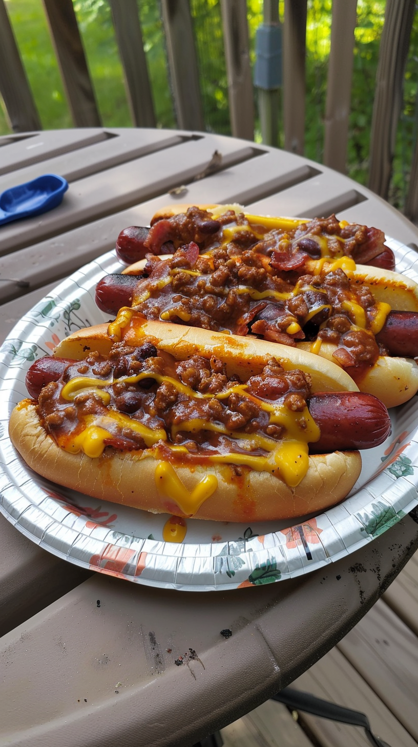 Photo of a Bacon Wrapped Chili Cheese Grilled Hot Dogs being grilled