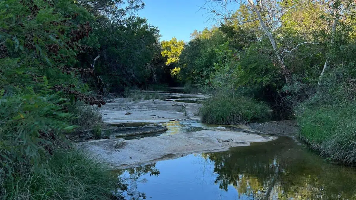 A stream flowing throw a Texas prarie on a warm weather camping trip