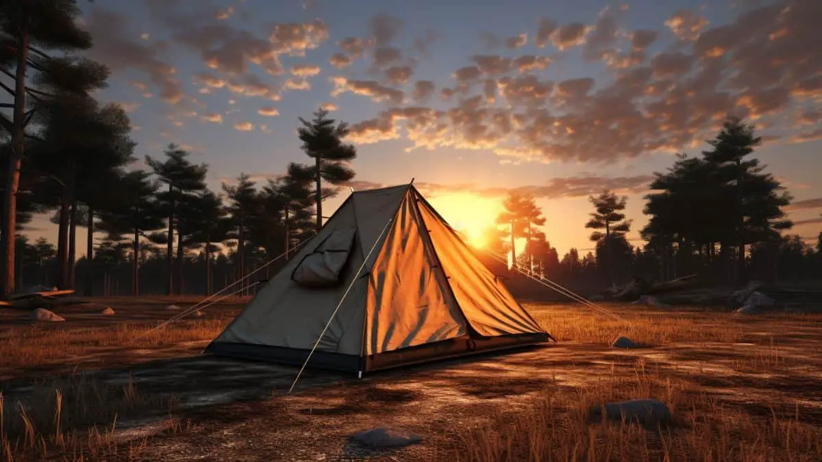 A-frame tent in a field at sunset