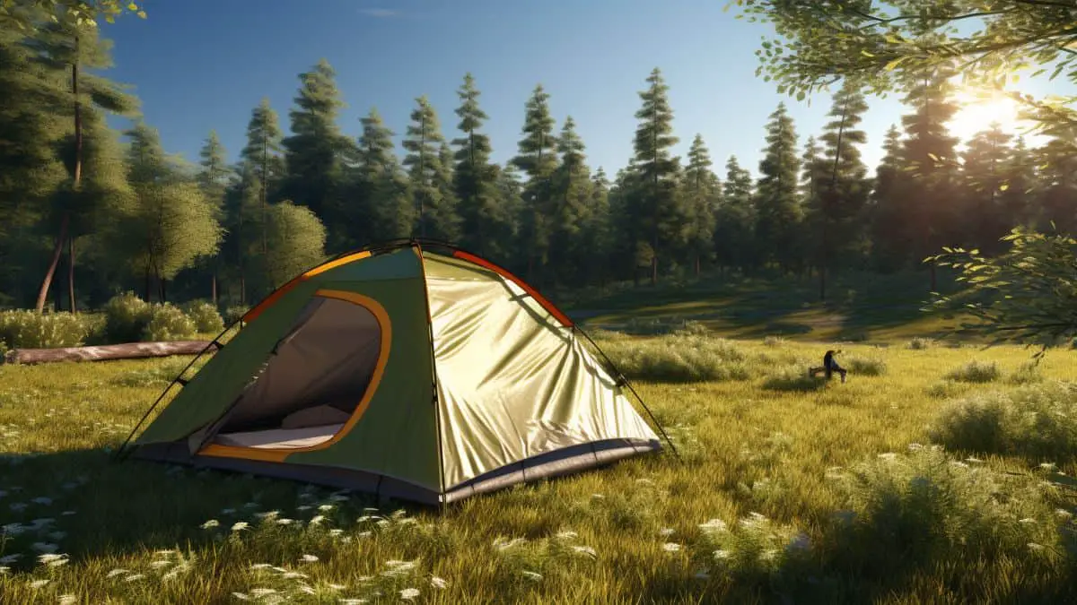 a tent in a field on a warm weather camping trip