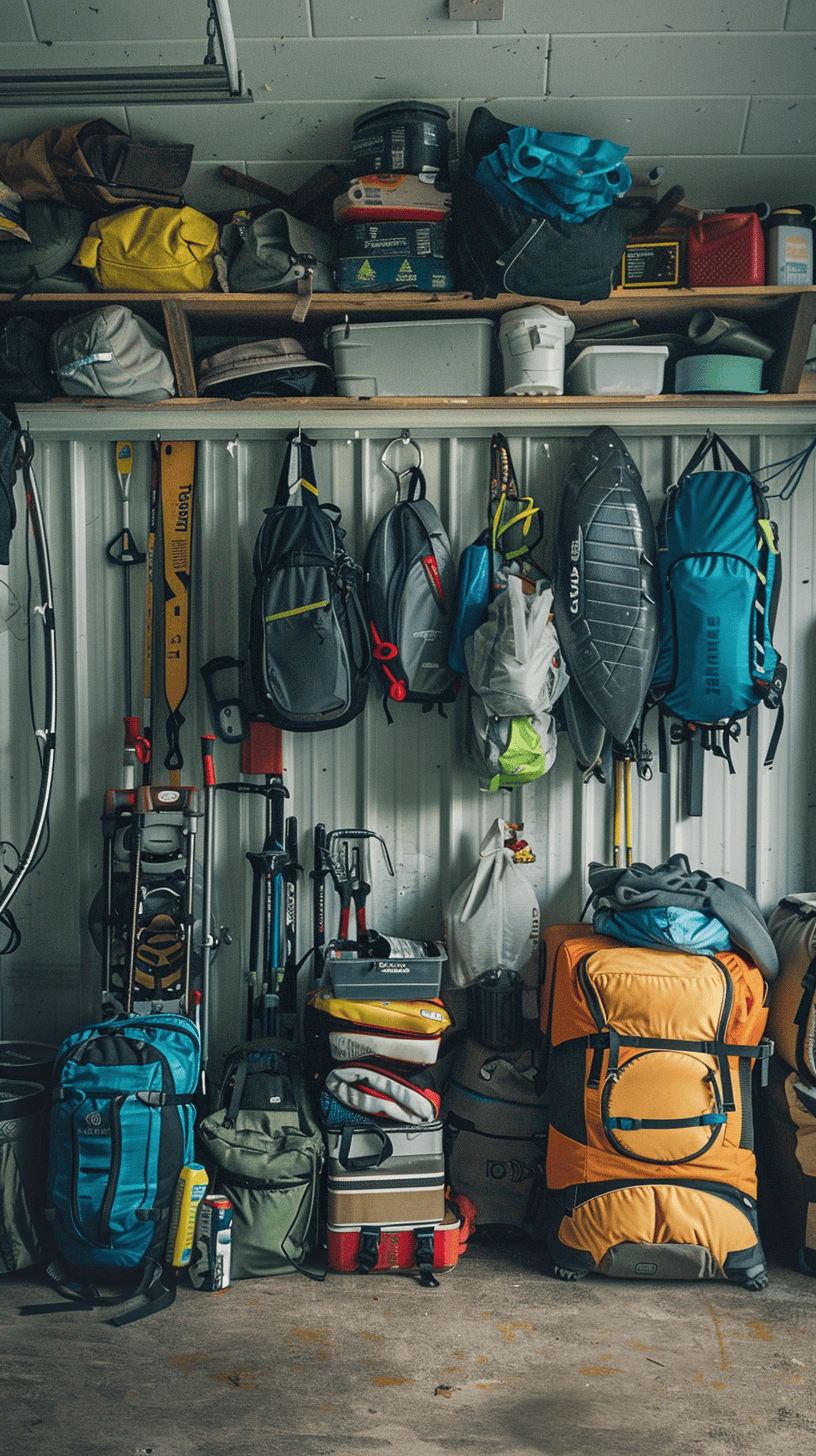 An example of an organized garage with camping gear