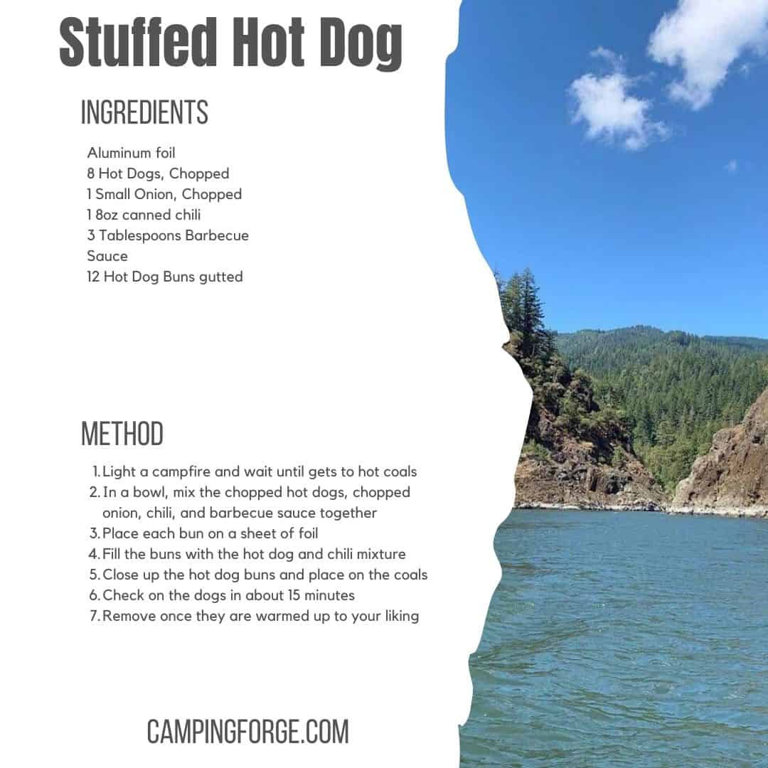 Stuffed chili hot dog recipe card