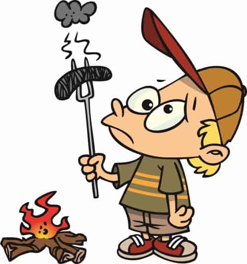 A cartoon illustration of campfire cooking on a car camping trip.
