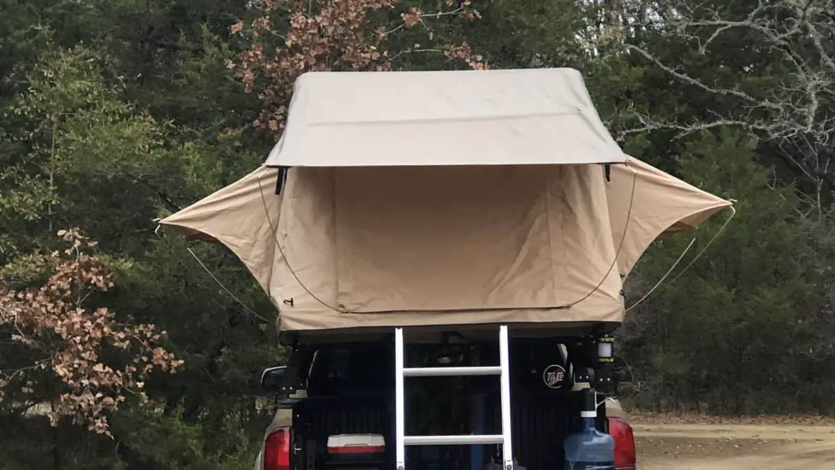 Photograph of a camping tent on a Toyota Tacoma.