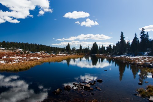 visit Yellowstone National Park to go hiking in the beautiful forests, lakes, and trails.