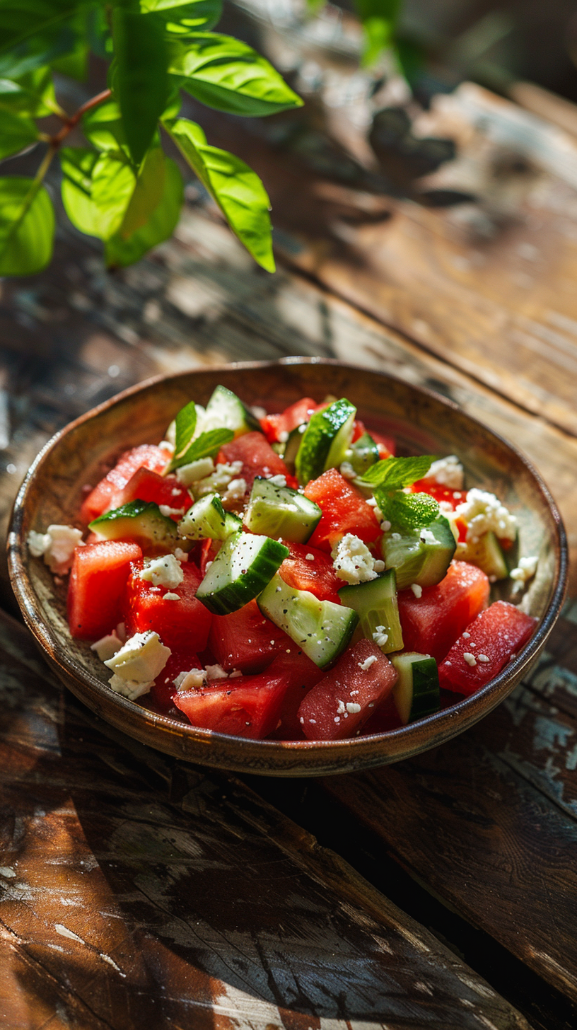 Photo of a bowl of waterelon feta cucumber salad